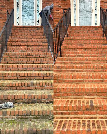 Before and after brick staircase cleaning and restoration.