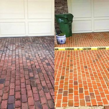 Comparison of dirty and clean brick driveway sections.