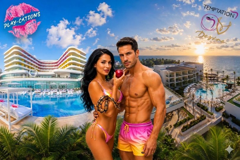 Couple in pink swimwear overlooking a luxurious pool and ocean at sunset.