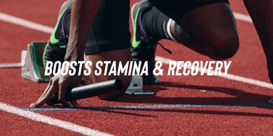 Athlete in starting position on track with text Boosts Stamina & Recovery.