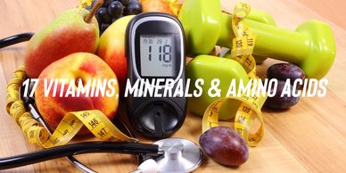 Healthy lifestyle tools: fruits, dumbbells, glucose meter, and stethoscope.
