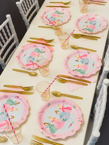 Princess themed kids birthday party. Luxurious party rental  of kids chairs and tables. 