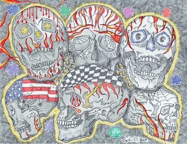 Abstract skulls with flames, patterns, and an American flag in a colorful, chaotic setting.
