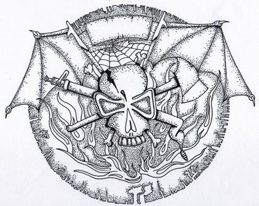 A skull with crossed rifles and bat wings surrounded by flames and a spider web.