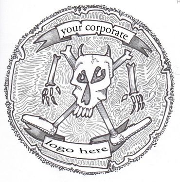 Black and white skull and bones design with corporate logo text space.