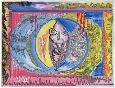 Abstract artwork depicting overlapping circular faces with vivid colors and intricate textures.