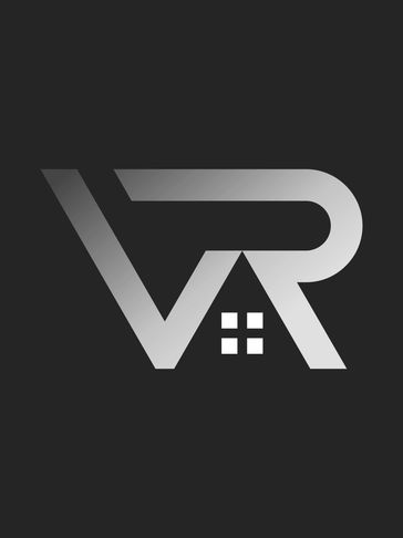 Silver gradient logo with letters VR and a window icon on black background.