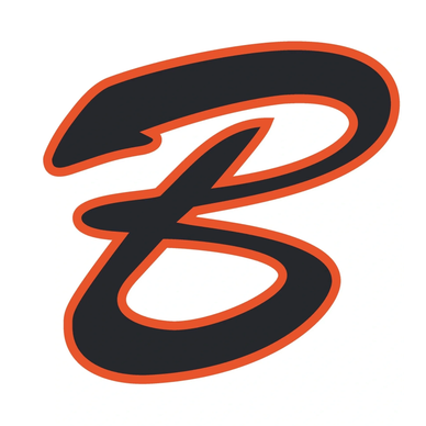 Stylized black letter B with an orange outline on white background.