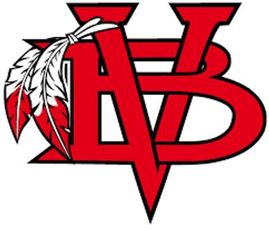 Red and black logo with feathers and letters V and B.