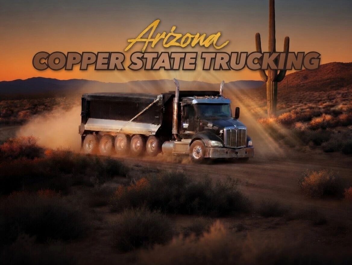 A large dump truck drives through the Arizona desert at sunset.