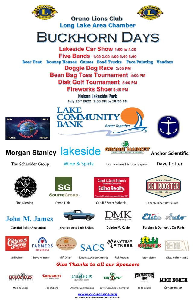 Buckhorn Days July 23, 2022 with Lakeside Car Show, Bands, Dog Race, Disk Golf Tournament, Fireworks