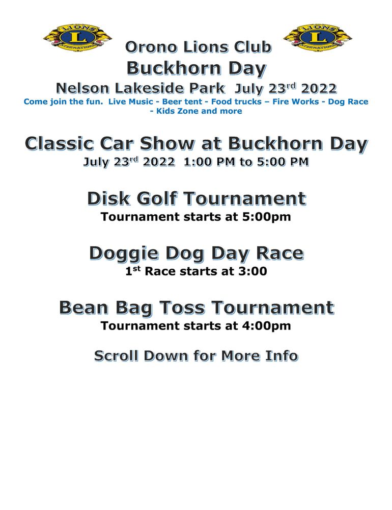 Buckhorn Day July 23rd, 2022 Nelson Lakeside Park Long Lake, MN
Classic Car Show, Disk Golf Tourney