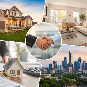 Real estate collage with handshake, houses, interior, and skyline.