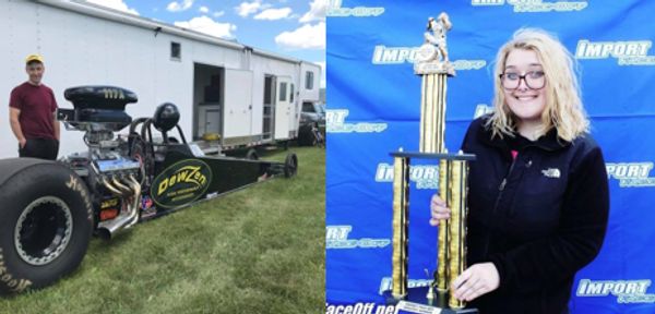 Marc Petit standing next to his Dewzen dragster and Alie Petit standing with a Winner trophy