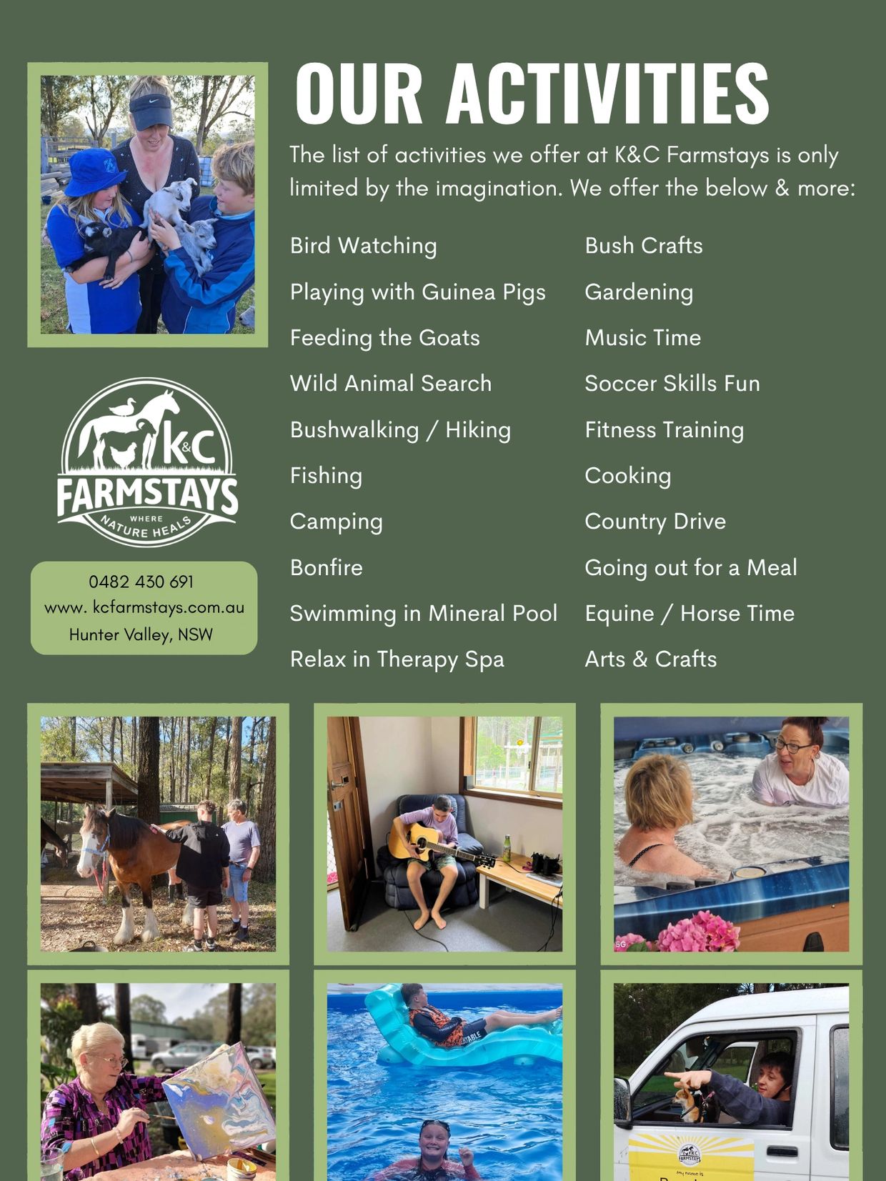 K&amp;C Farmstays offers diverse activities like animal care, crafts, and outdoor fun.