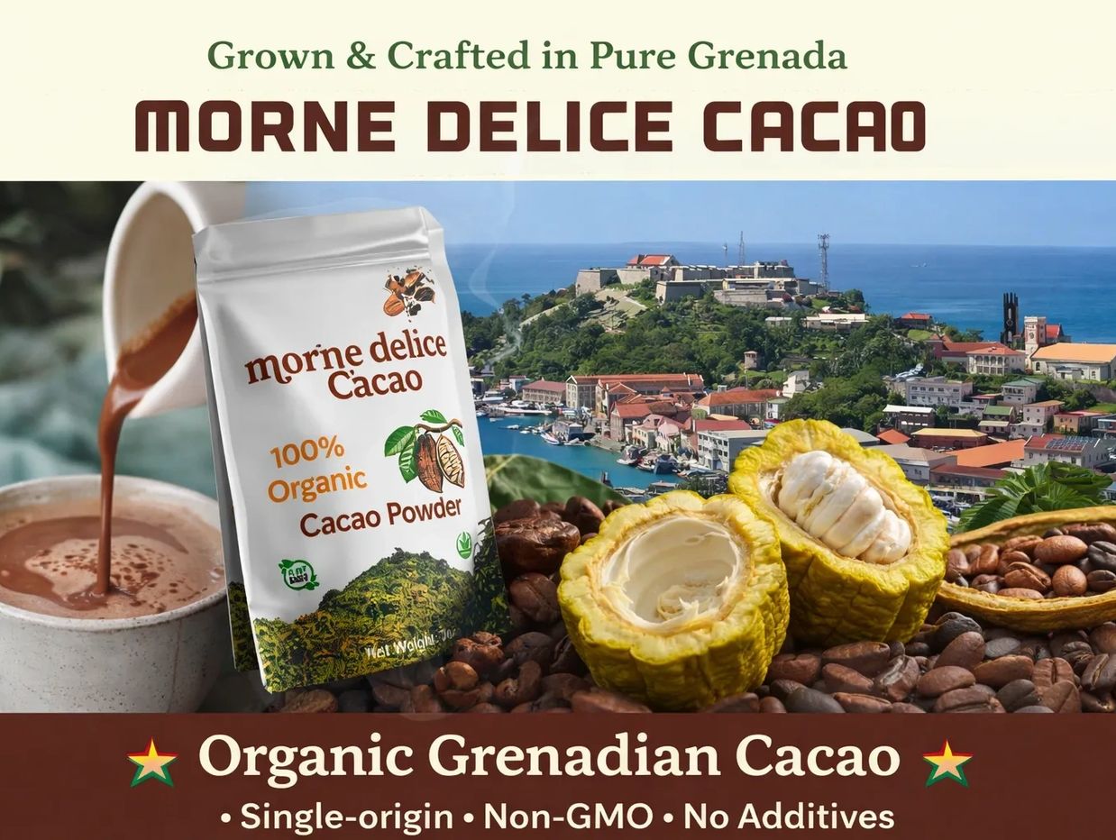 Organic Grenadian cacao powder by Morne Delice, pure and natural.