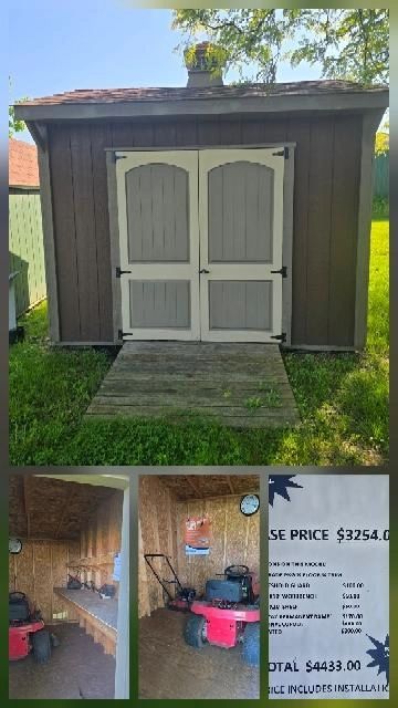 Wooden garden shed with organized interior and lawn equipment.