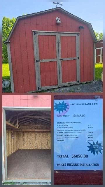 Red 12'x14' deluxe barn with price and features listed.