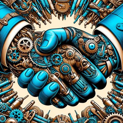 two hands doing a handshake, steampunk style, in blue and copper colors