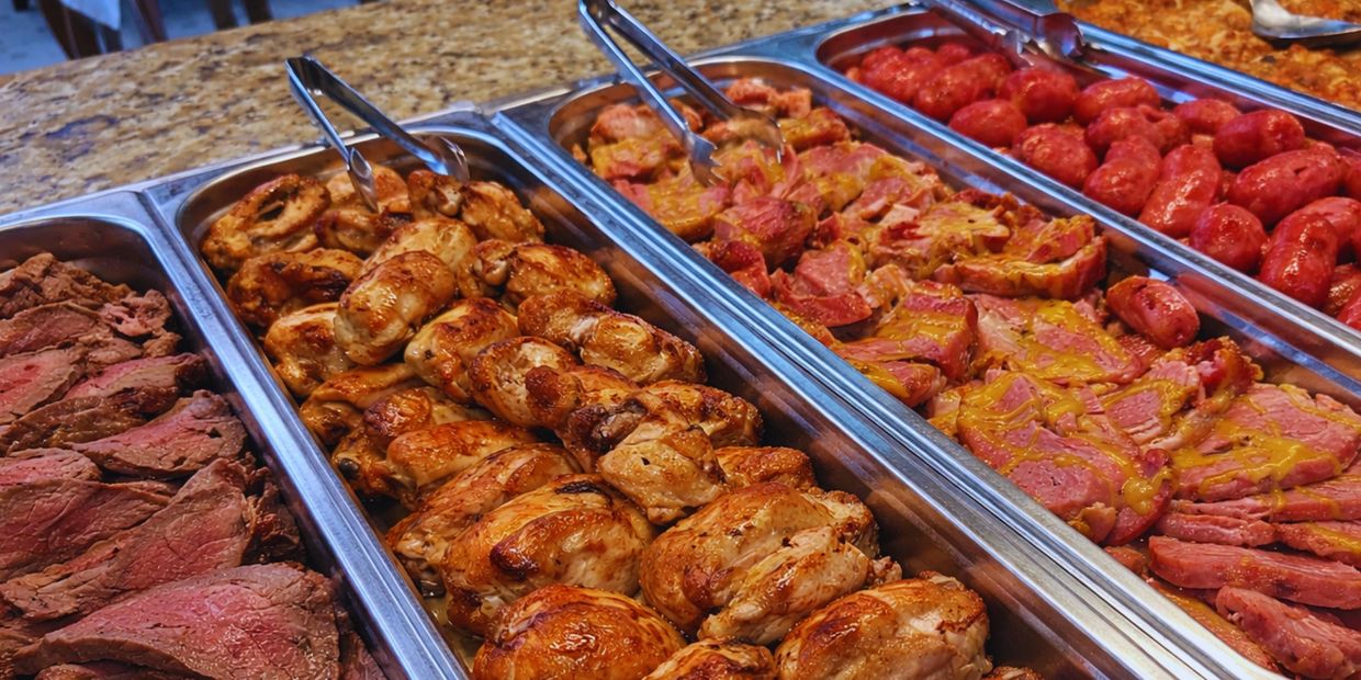 Buffet trays filled with roasted meats including chicken, steak, ham, and sausages.