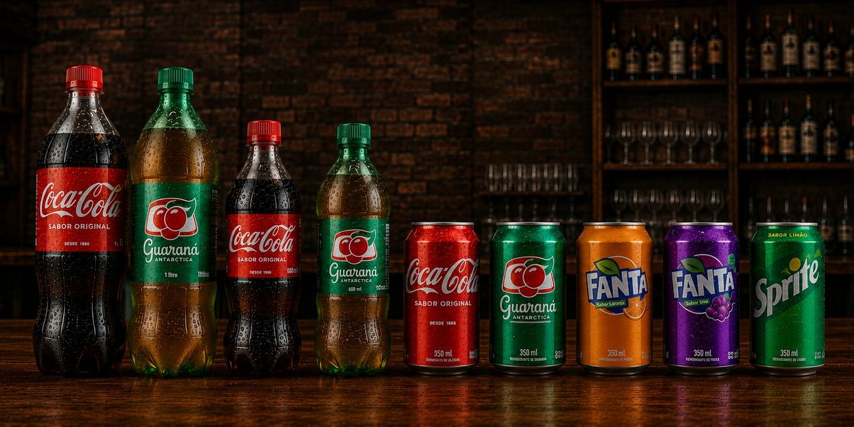 Variety of soda bottles and cans including Coca-Cola, Guaraná, Fanta, and Sprite on a wooden surface.
