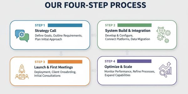 Four-step process for project success: Strategy, Build, Launch, and Optimize.