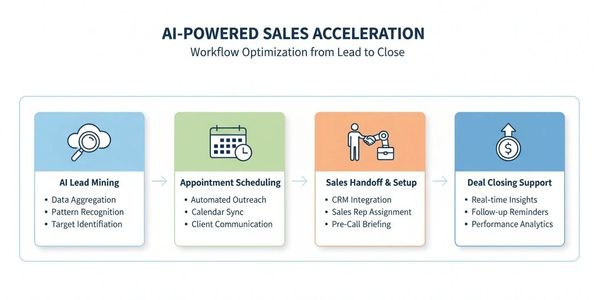 Flowchart of AI-powered sales acceleration from lead mining to deal closing.