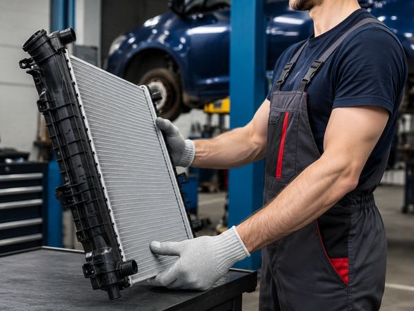 Mechanic inspecting a car radiator in a workshop.