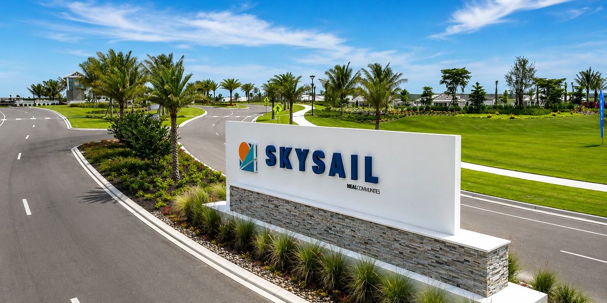SkySail community entrance in Naples, Florida with landscaped palm trees and roadway leading into th