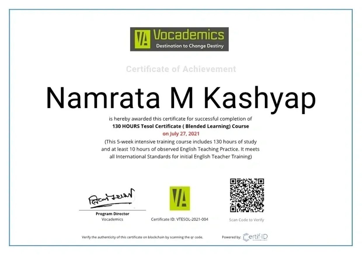 Sample Certificate-  The 130 Hours TESOL by Vocademics.