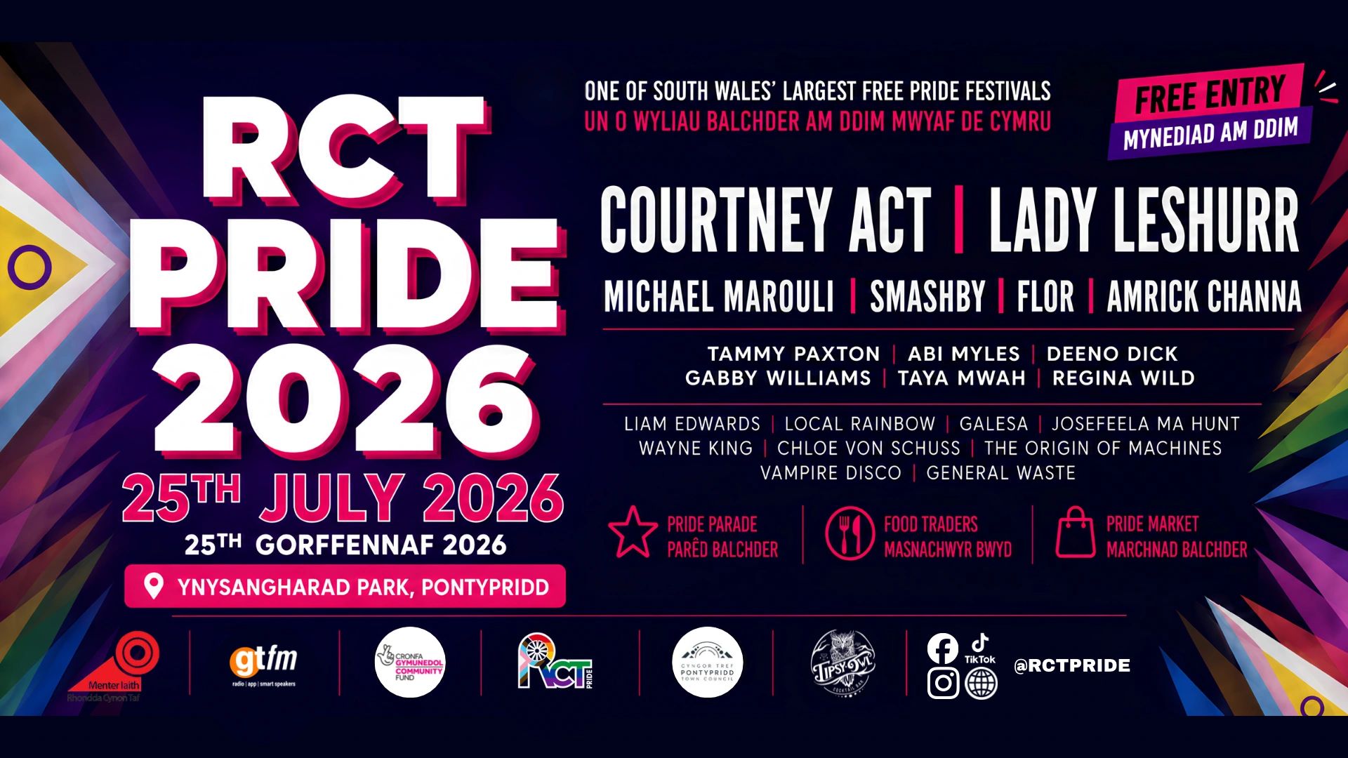 RCT Pride 2026 event poster for 25th July in Pontypridd