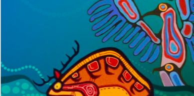 Colorful abstract Indigenous artwork with animal motifs.