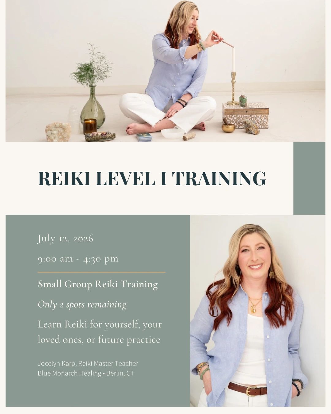 Reiki Level I training with Jocelyn Karp on July 12, 2026.