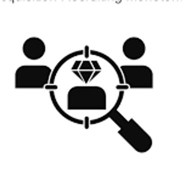 Magnifying glass focusing on a person with a diamond symbol, flanked by two other people icons.