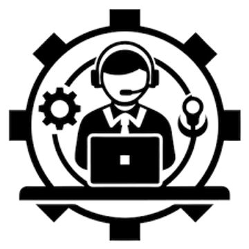 Icon of a customer support agent with headset and laptop inside a gear.