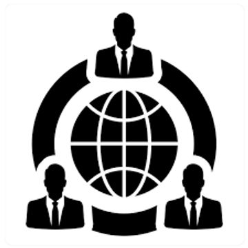 Three businesspeople connected around a globe symbolizing global teamwork.