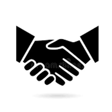 Black and white icon of two hands shaking in agreement.