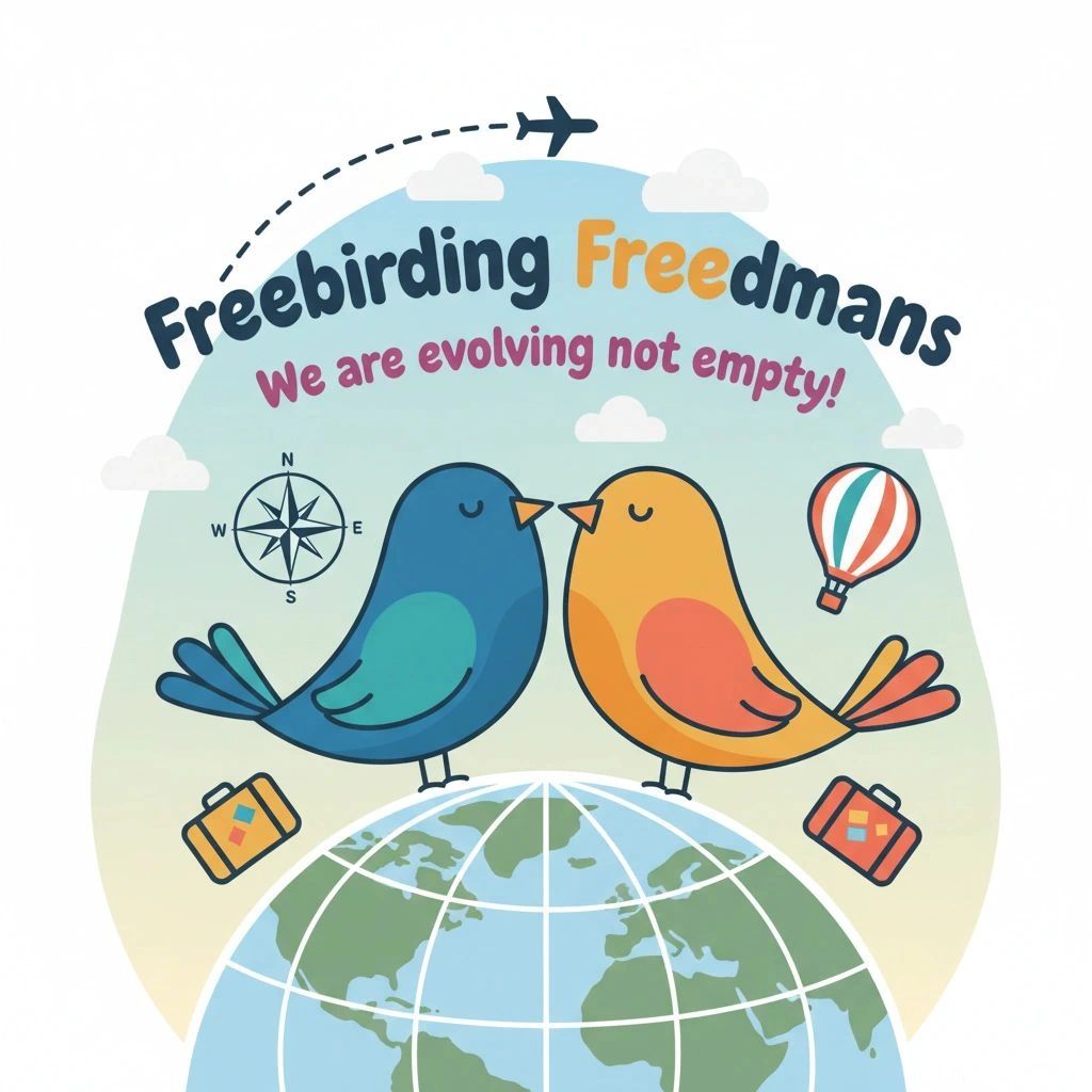 Two birds stand on a globe with travel icons and the phrase 'Freebirding Freedmans'.
