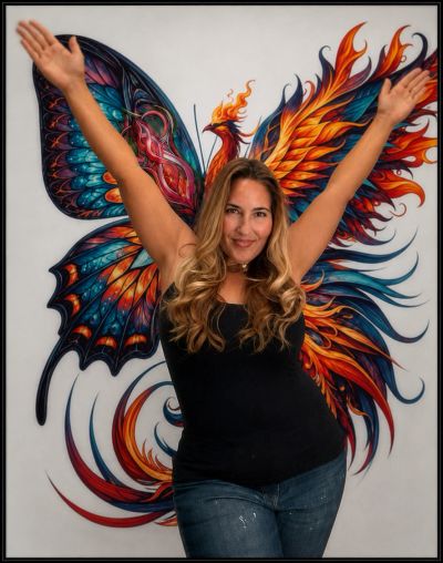 Woman posing with colorful butterfly and phoenix wings mural.