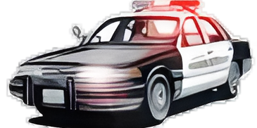 Black and white police car with red and white flashing lights on the roof.
