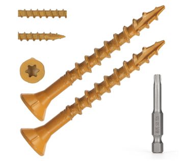 Two orange screws and a drill bit for installation.