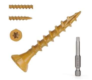 Yellow drywall screws with a drill bit attachment on a white background.