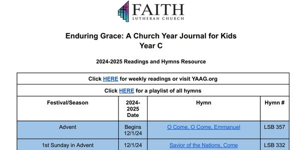 Church year journal page with Advent hymns and readings for 2024-2025.