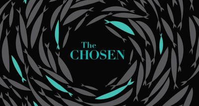 A swirling school of fish with some highlighted in blue surrounding the text 'The CHOSEN'.
