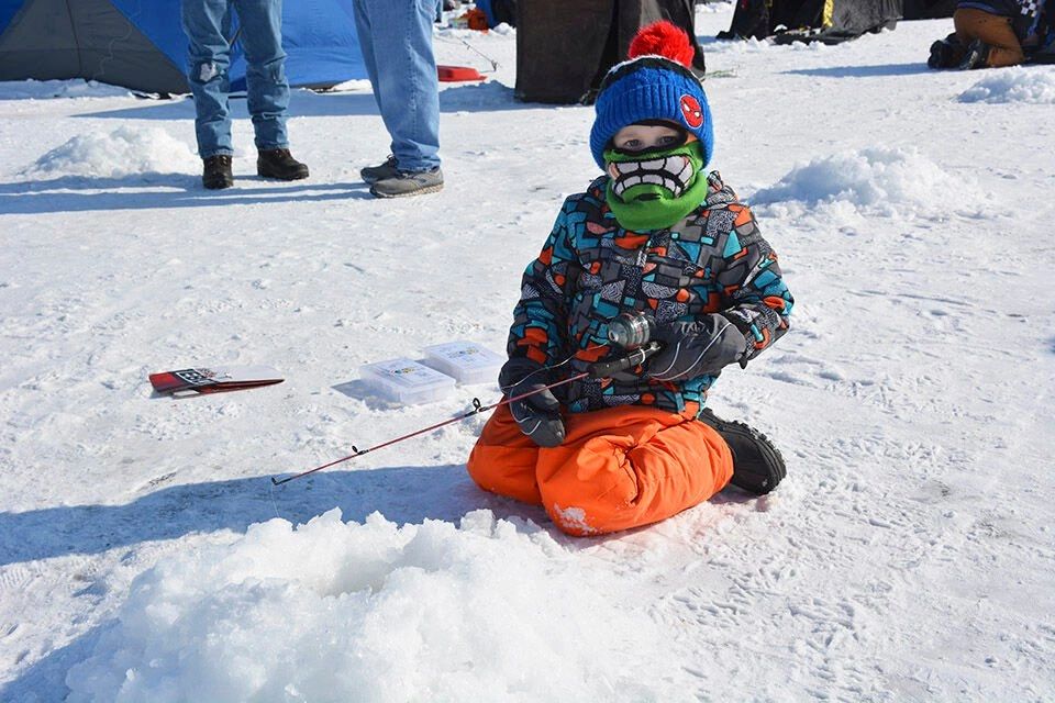 For many youth, ice fishing is a family affair. Wrex Geffre, 4, Wahpeton, took part in the derby for the first time. He was joined by brothers Axel, 6, and Jax, 8.