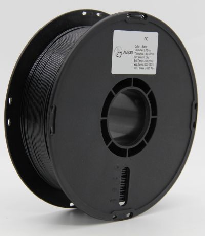 Black 3D printer filament spool.