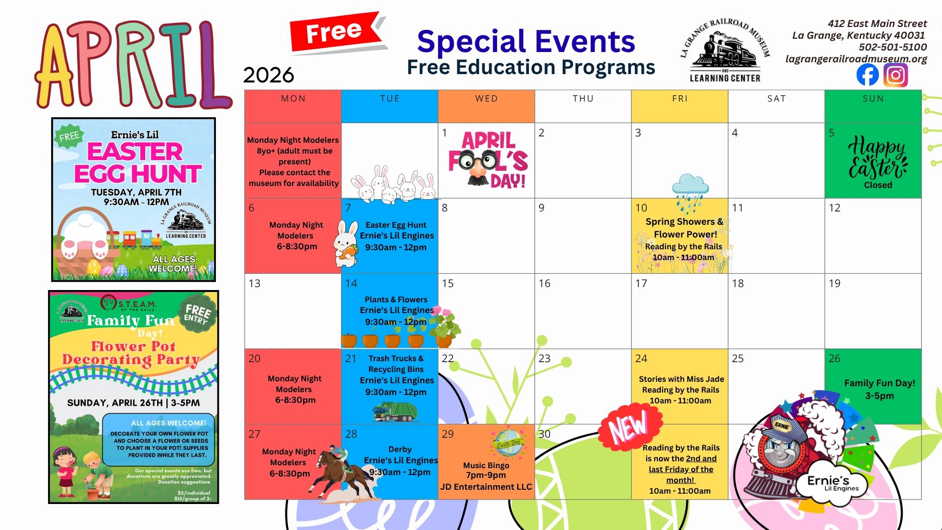 April event calendar with free educational programs and family fun activities at La Grange Railroad Museum.