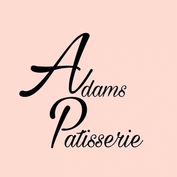 Elegant logo for Adams Patisserie with stylish black script on pink.