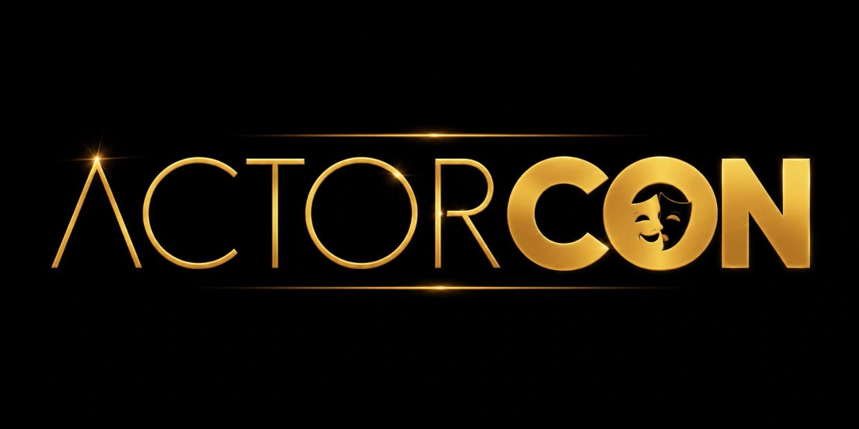 Golden ActorCon logo with theatrical masks on black background.