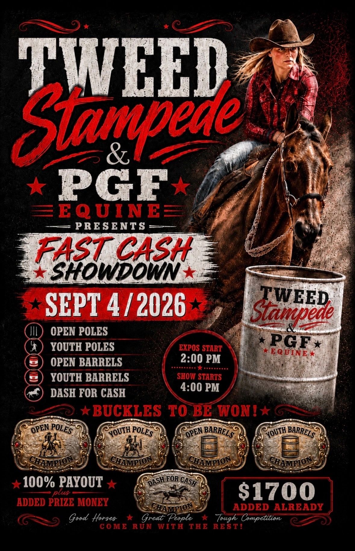 Tweed Stampede &amp; PGF Equine Fast Cash Showdown on Sept 4, 2026, with various pole and barrel races.